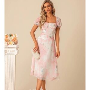Floral Print Square A-line Chiffon Midi Dresses NWOT